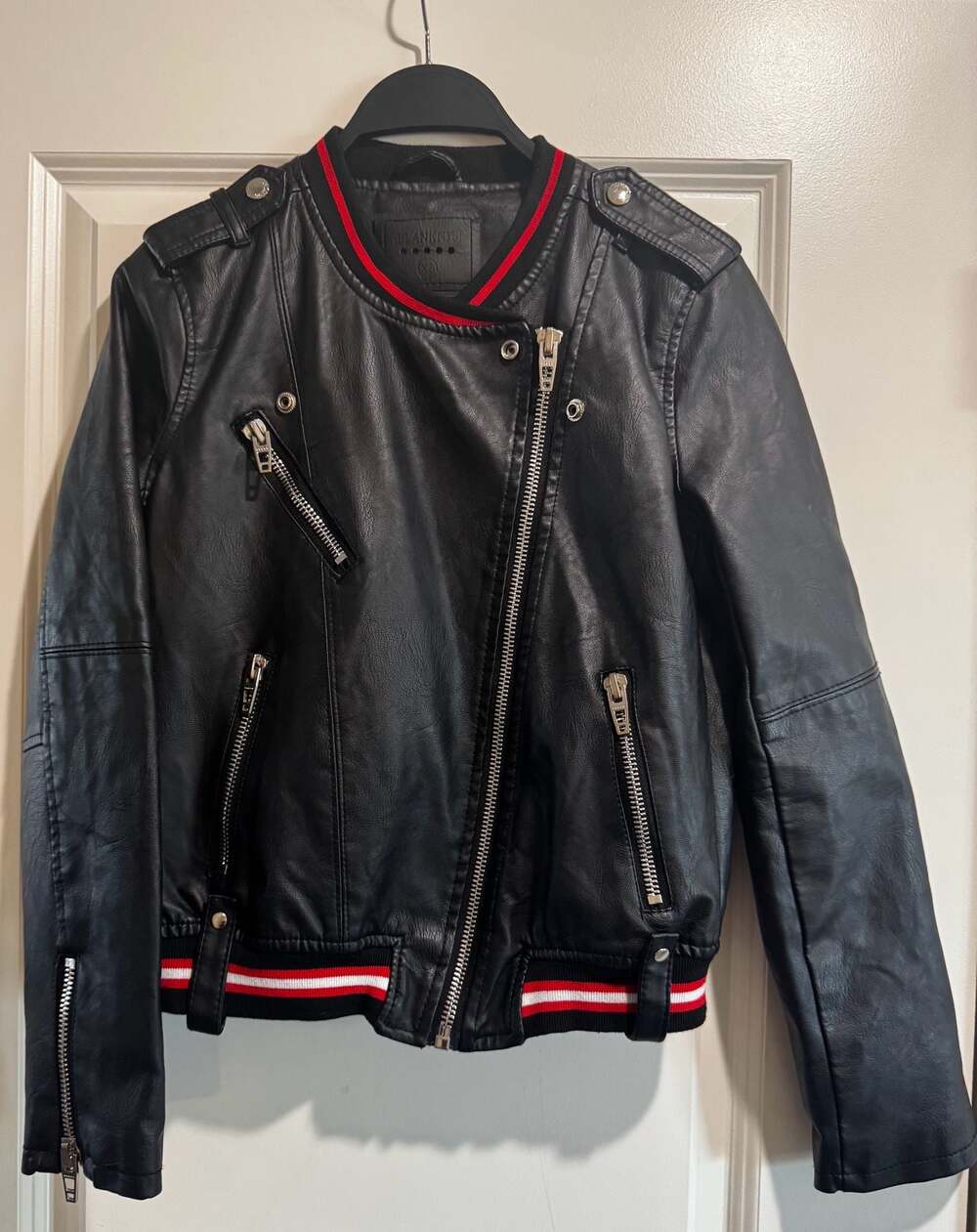 BlankNYC Uma Varsity Stripe Moto Jacket Faux Leather Black XS